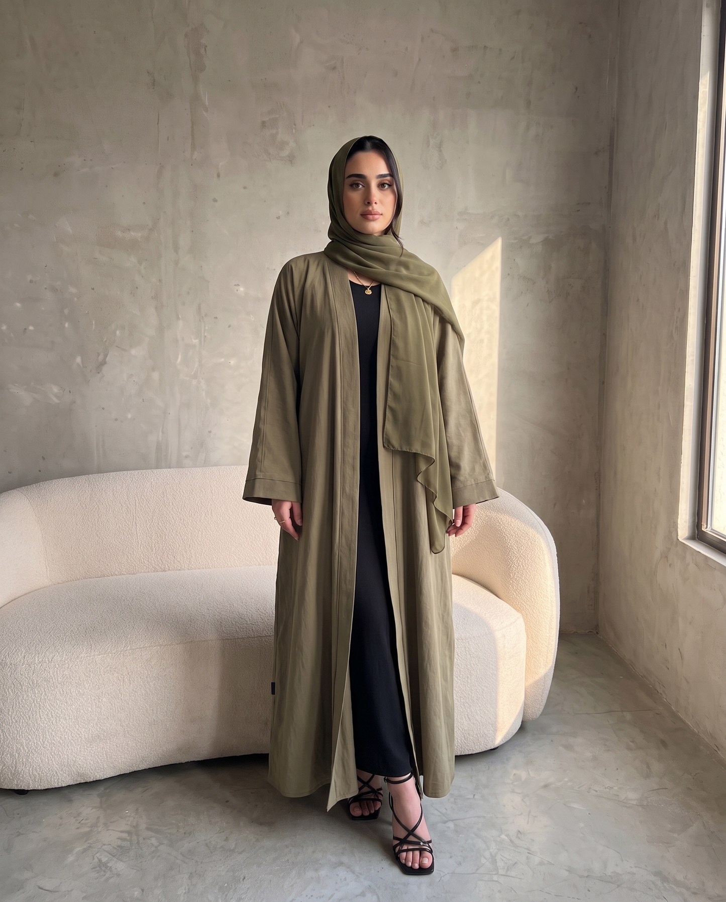 Kelp Green Classic Open Abaya with Piping Detail