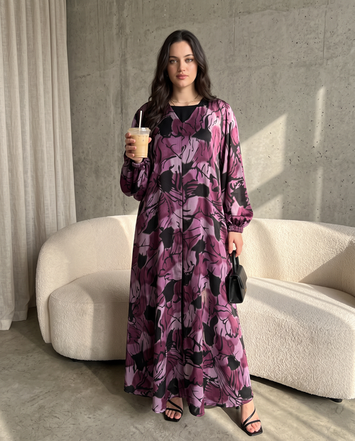 Printed Abaya with Bold Floral Brushwork