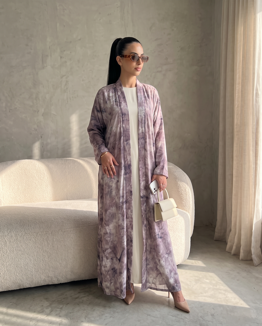 Lavender Garden Floral Printed Lightweight Open Abaya