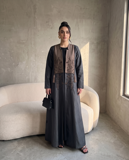 Taffeta Abaya with Embroidered Grey Contrast Front Panel & Tassel Detail