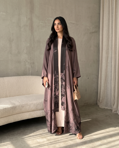 Modern Kimono Open Abaya with Printed Leaf Design
