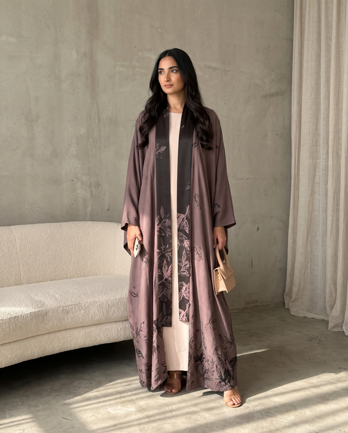 Modern Kimono Open Abaya with Printed Leaf Design