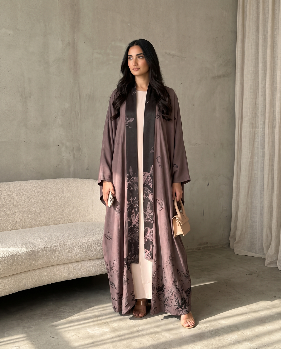 Modern Kimono Open Abaya with Printed Leaf Design
