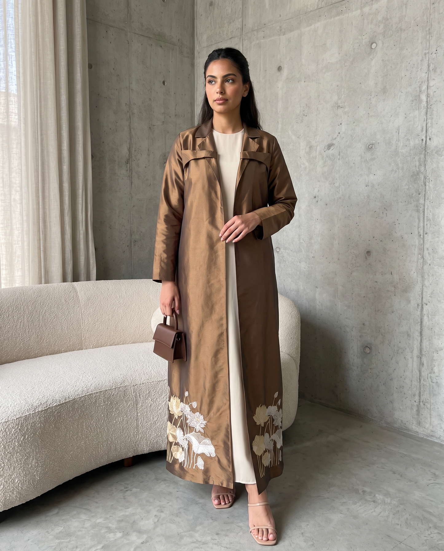 Bronze Taffeta Abaya with Hand-Embroidered Lotus Garden Hem