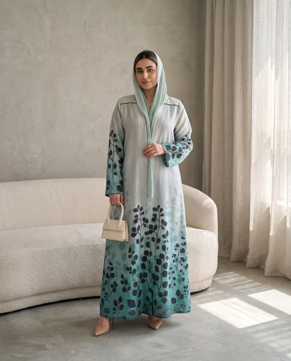 Botanical Print Open Abaya with Flowing Silhouette