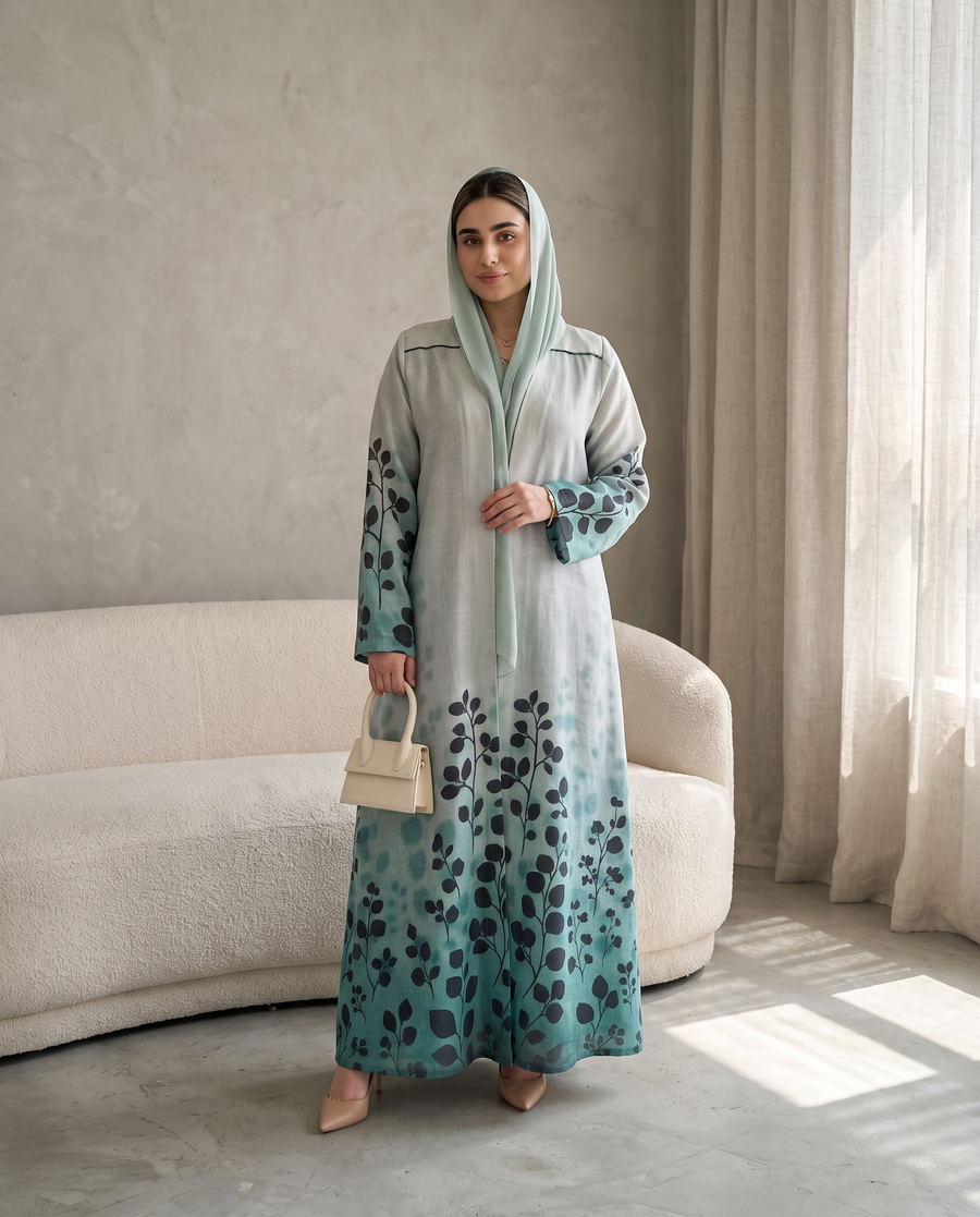 Botanical Print Open Abaya with Flowing Silhouette