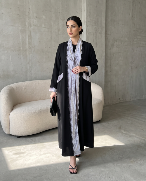 Luxury Black Abaya with Velvet Panels and Elegant Lace Trim