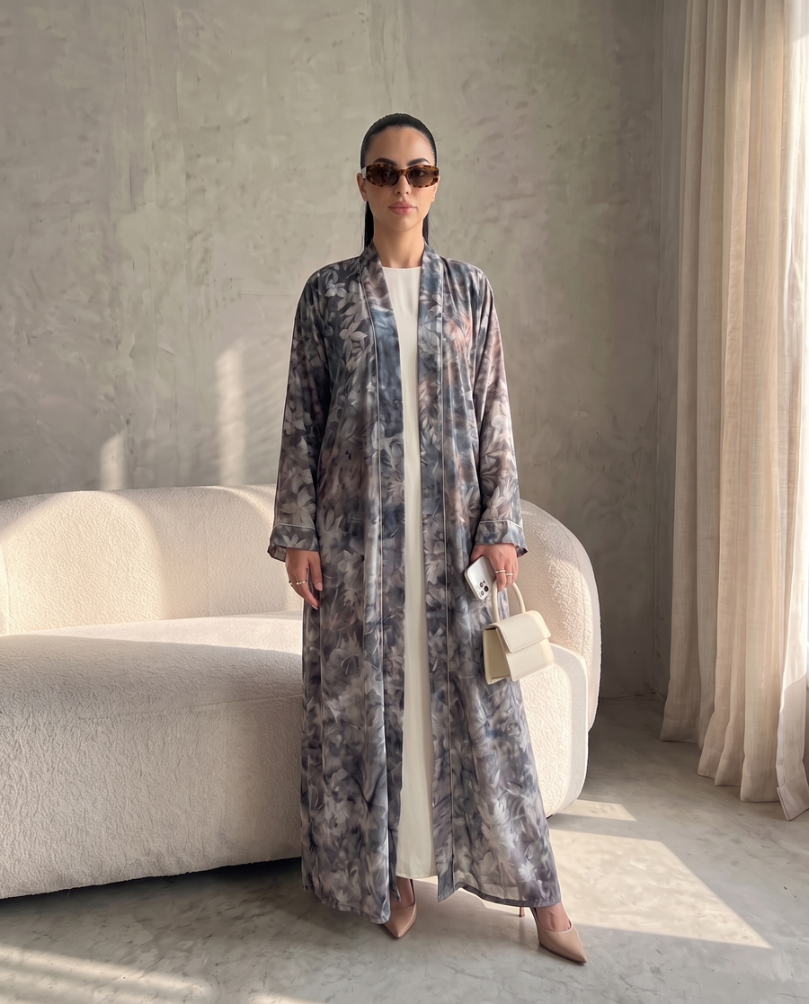 Gray Garden Floral Printed Lightweight Open Abaya