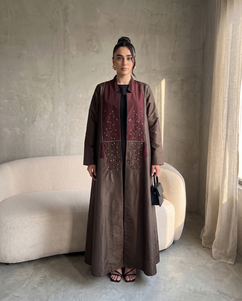 Taffeta Abaya with Embroidered Brown Contrast Front Panel & Tassel Detail