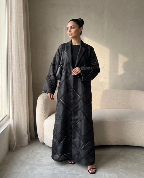Modern Geometric Panel Abaya with Structured Lapel Design