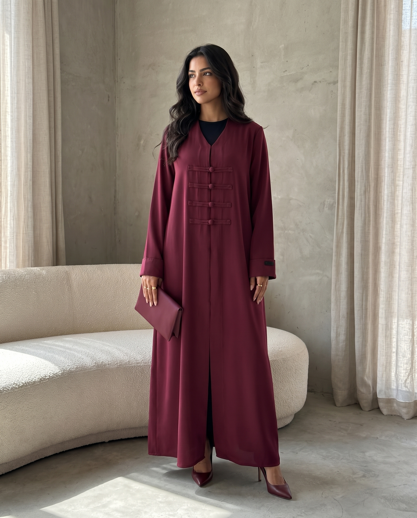 Elegant Maroon Abaya with Structured Front Panel Button Design
