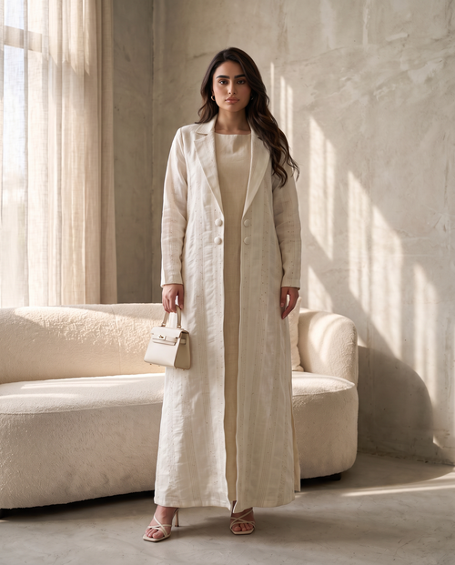 Tailored Linen Abaya with Elegant Lapel Collar