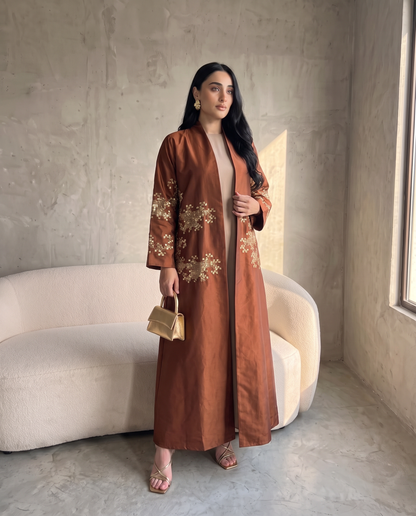 Embroidered Taffeta Copper Abaya with Mosaic Floral Detailing