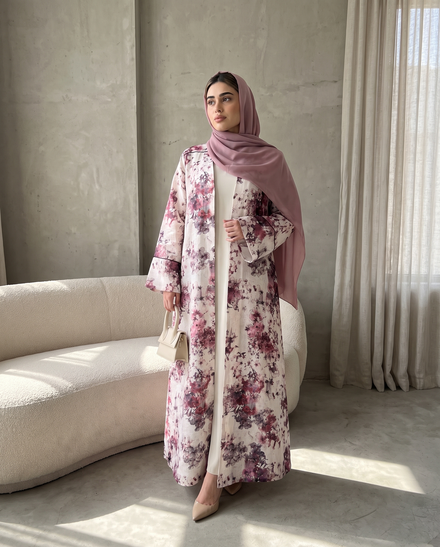 Floral Print Open Abaya with Elegant Contrast Panel