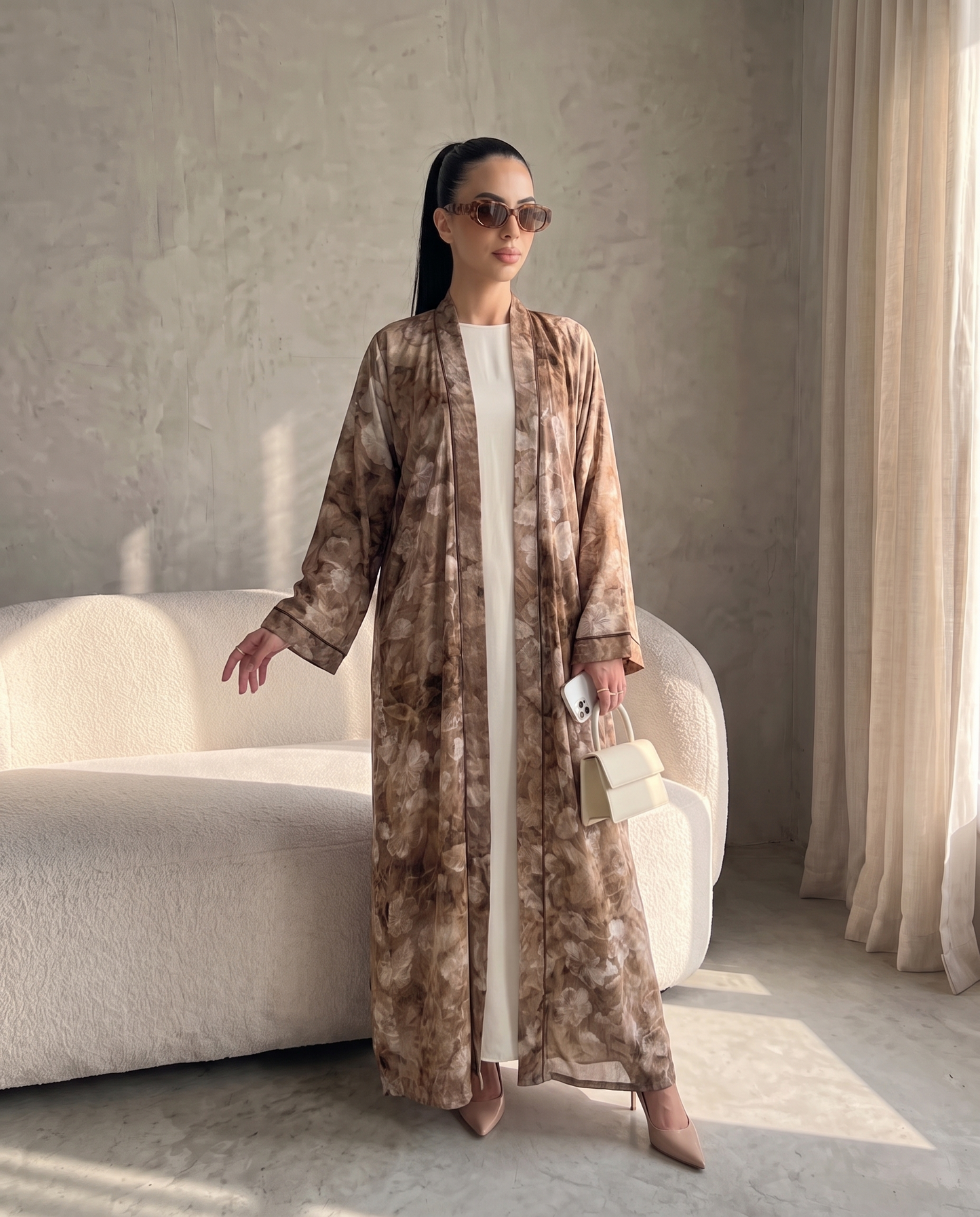 Brown Garden Floral Printed Lightweight Open Abaya