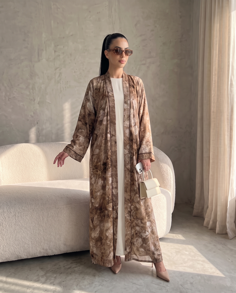 Brown Garden Floral Printed Lightweight Open Abaya