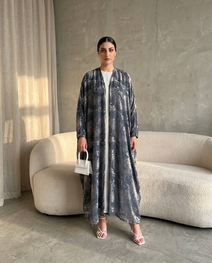Midnight Mist Printed Flow Silver Abaya