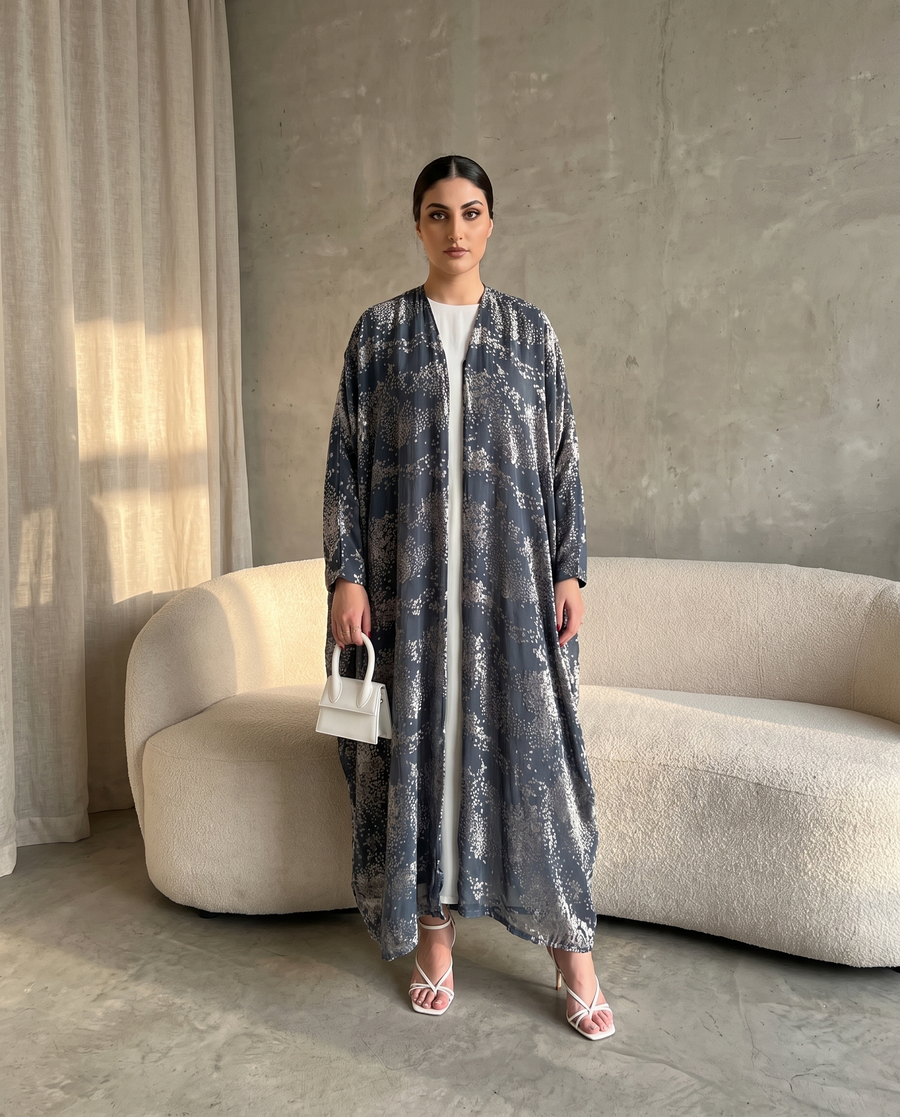 Midnight Mist Printed Flow Silver Abaya