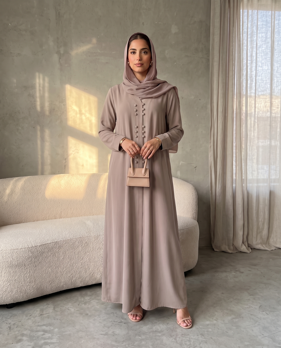 Soft Crepe Abaya Lavender Gray with Stylish Button Trims