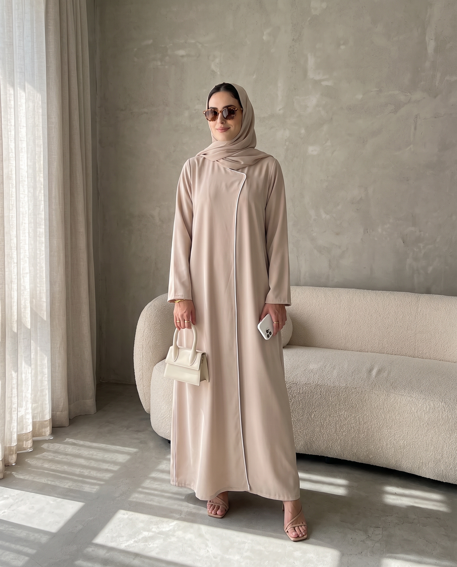 Beige Crepe Abaya Closed front with Contrast Piping