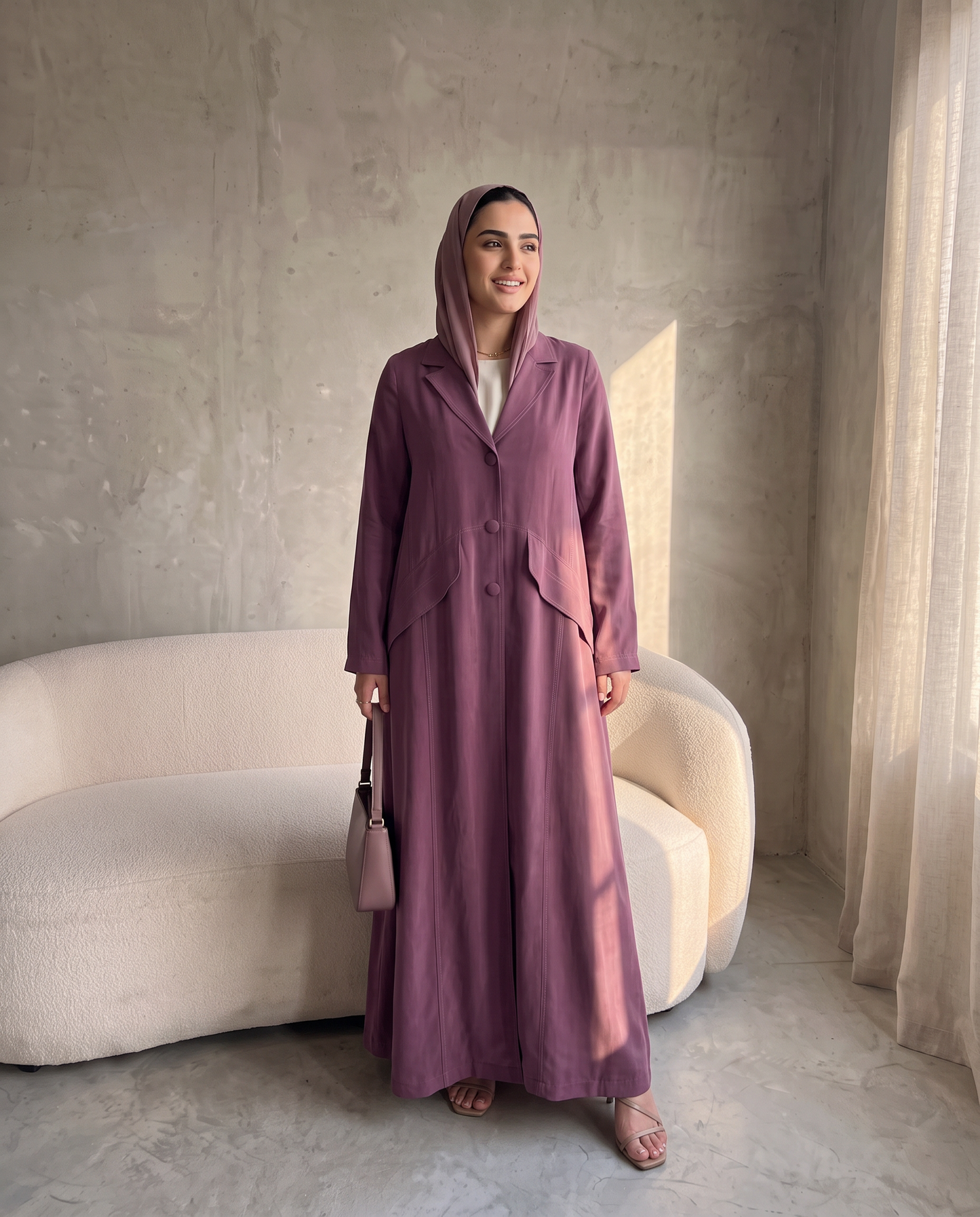 Mauve Tailored Panel Abaya with Covered Buttons