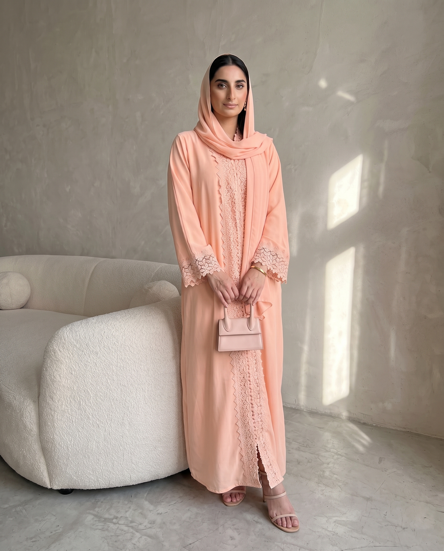Peach Blossom Lace Abaya
