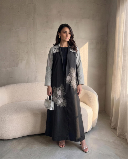 Two-Tone Abaya with Hand-Embellished Radiant Burst Motifs