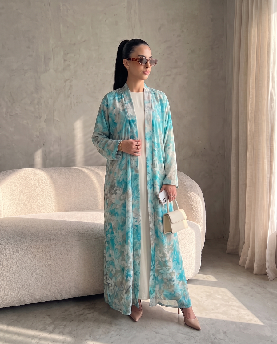 Aqua Garden Floral Printed Lightweight Open Abaya