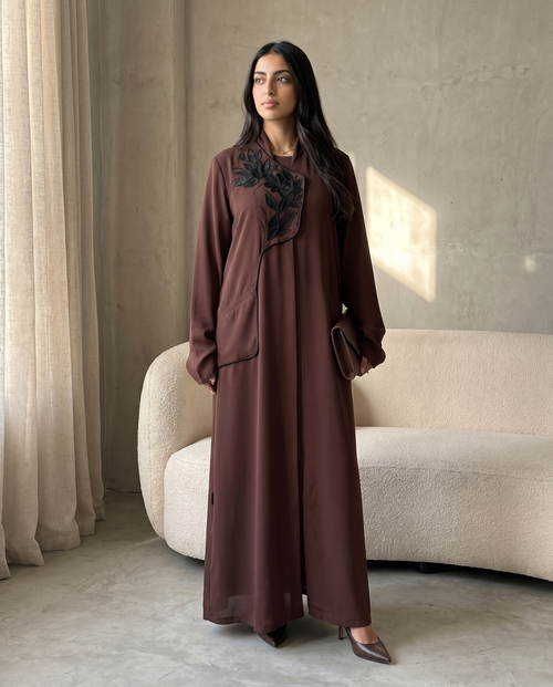 Luxury Flow Abaya Featuring Curved Embroidered Floral Panel