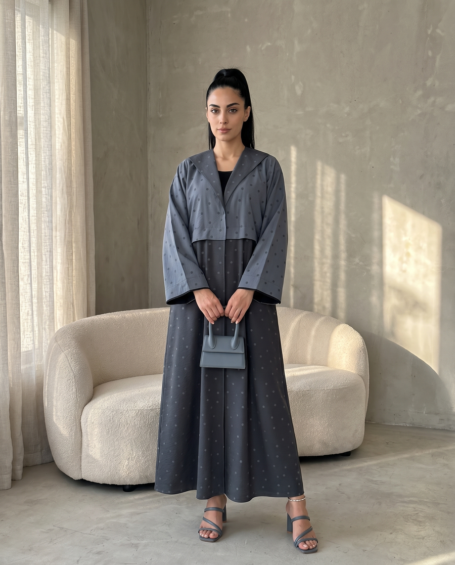 Flint Gray Polka Dot Abaya with Oversized Collar