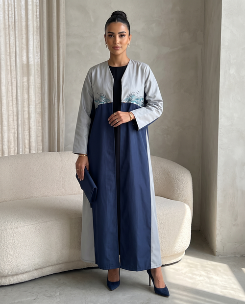 Blue Wave-Inspired Embroidered Abaya in Dual-Tone Panels