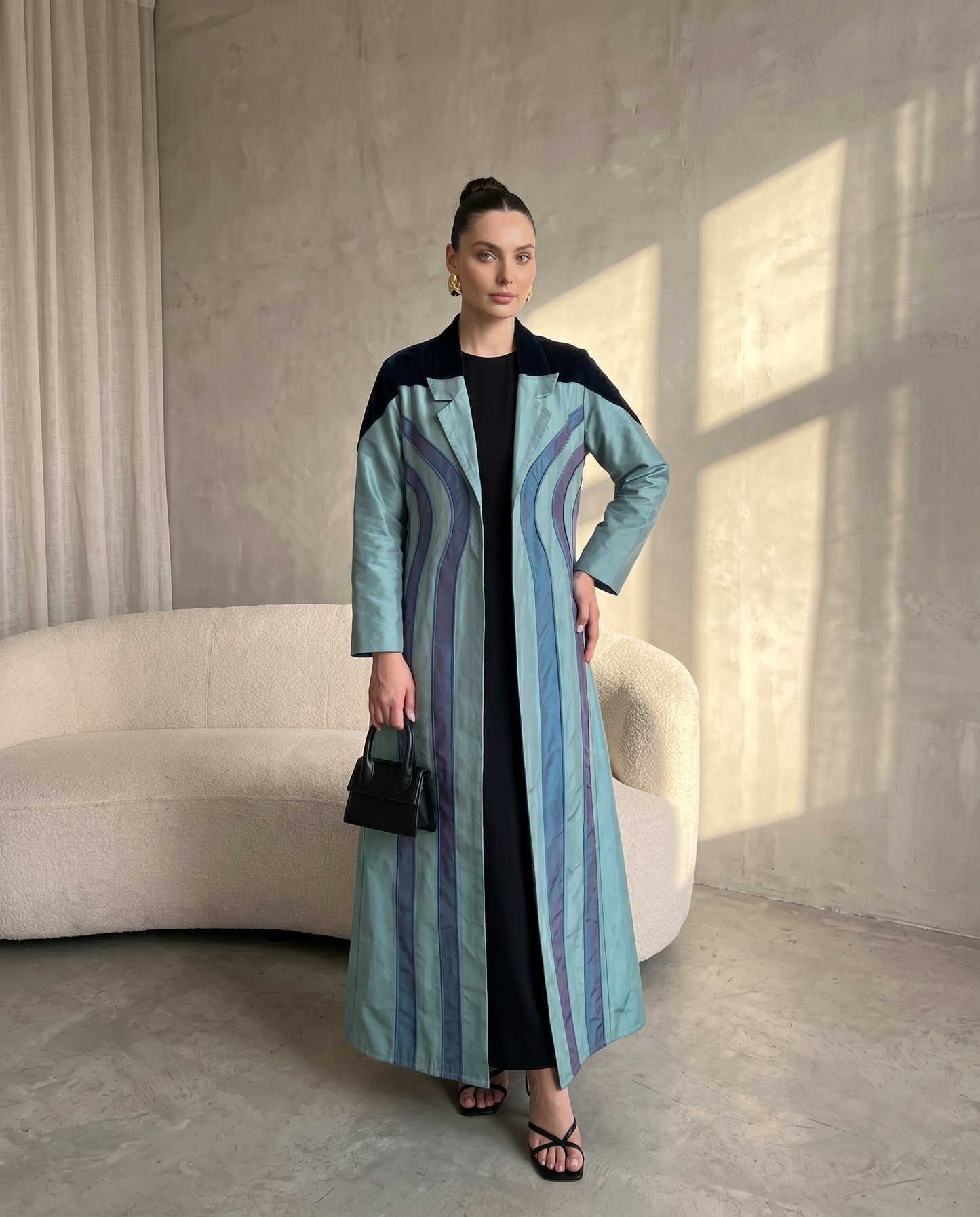 Teal Taffeta Abaya with Sculpted Velvet Panels & Ombre Wave Detailing