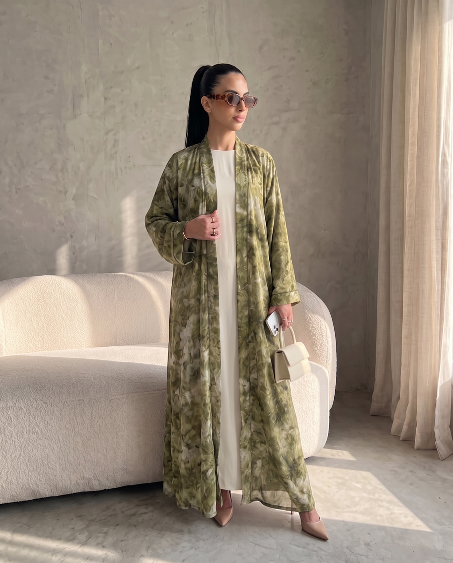 Green Garden Floral Printed Lightweight Open Abaya