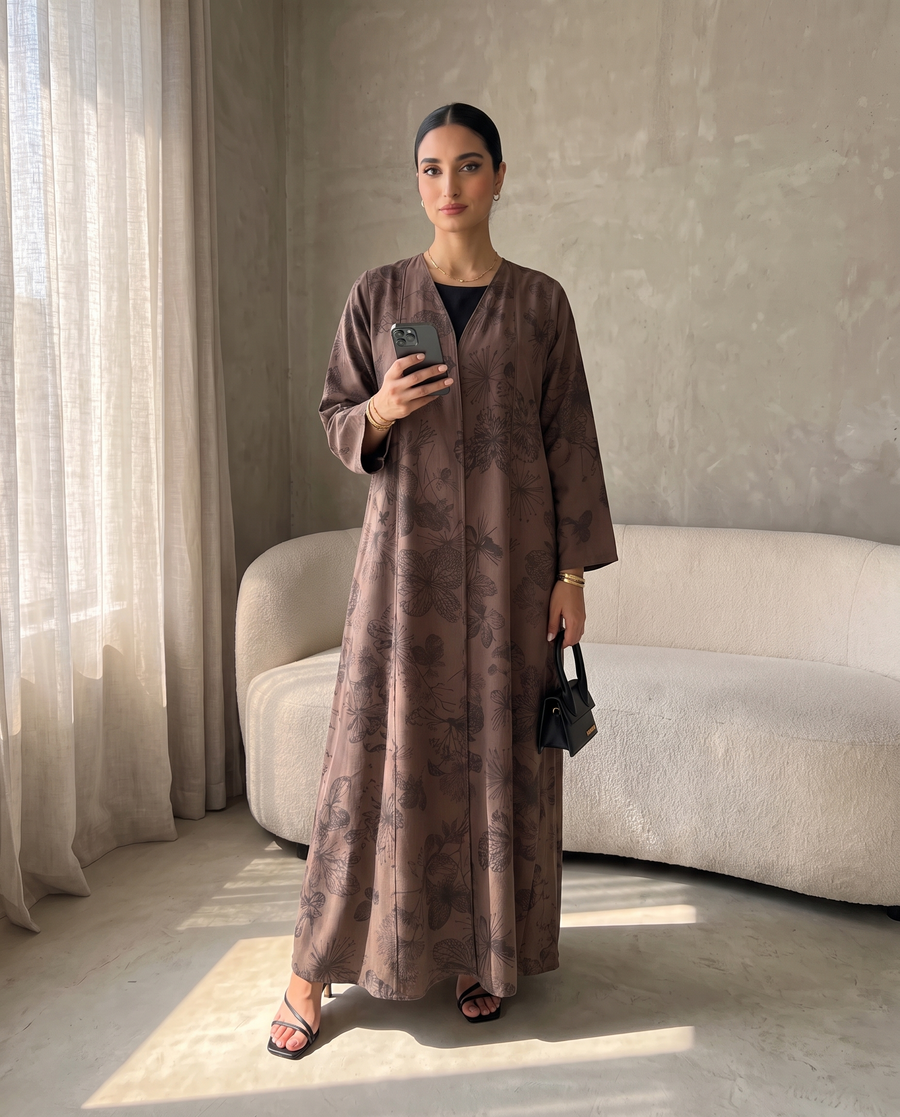 Mocha Botanical Printed Abaya