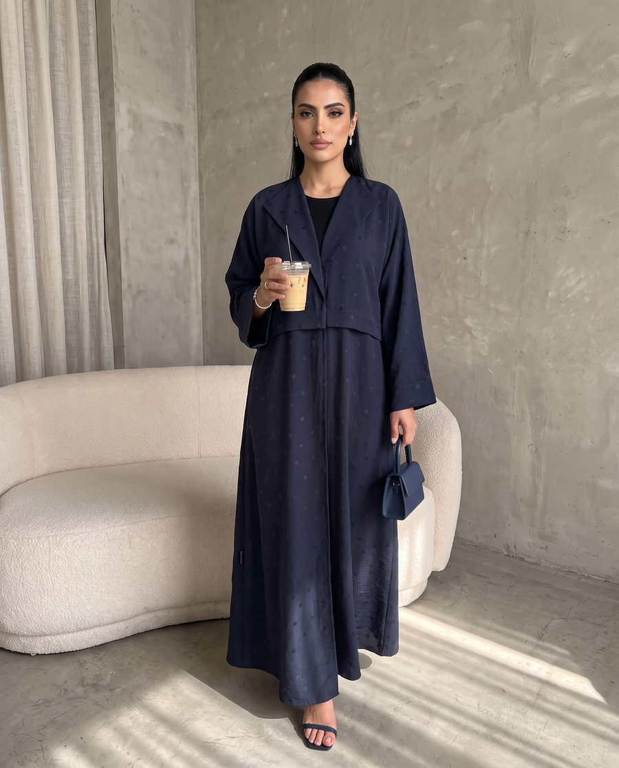 Navy Blue Polka Dot Abaya with Oversized Collar