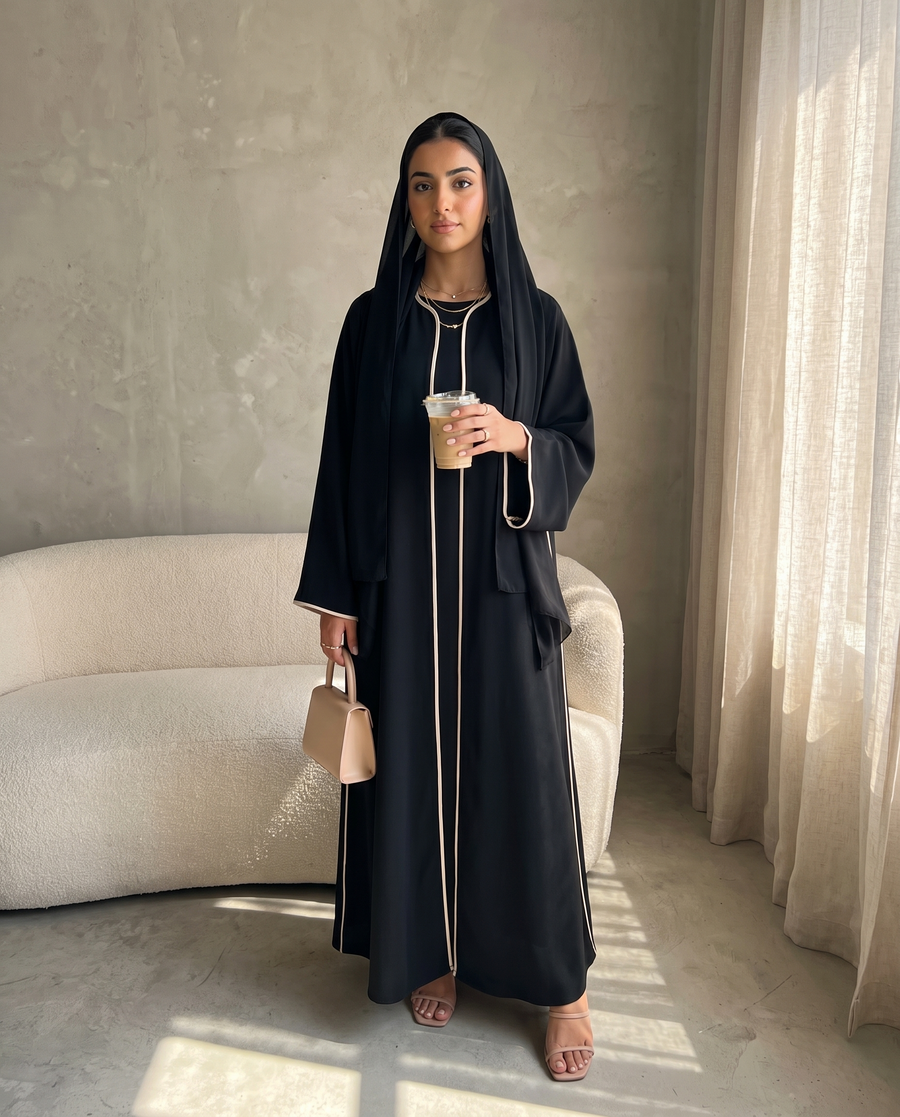 Black Classic Abaya with Contrast Piping