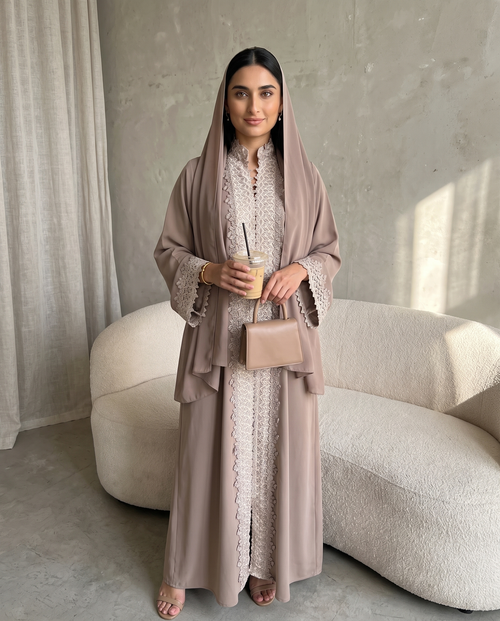 Taupe Lace Elegance Abaya