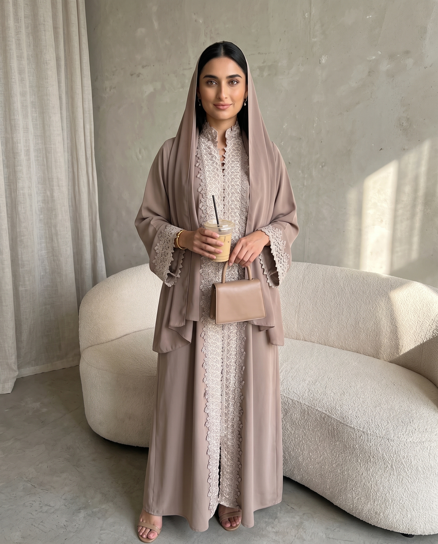 Taupe Lace Elegance Abaya