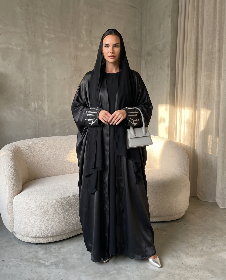Premium Open Abaya with Metallic Sword Black Embroidery Design