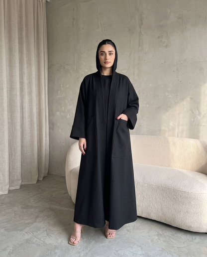 Minimalist Structured Black Abaya with Wide Sleeves & Clean Panel Detailing