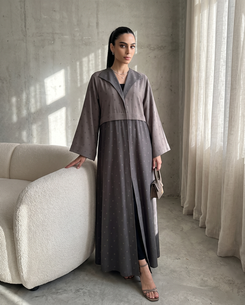 Flow Gray Polka Dot Abaya with Oversized Collar