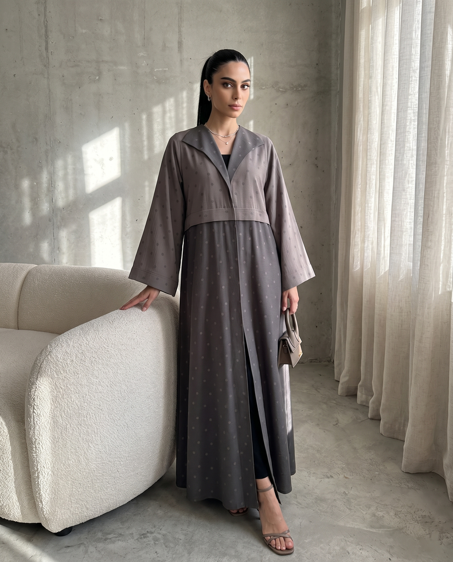 Flow Gray Polka Dot Abaya with Oversized Collar