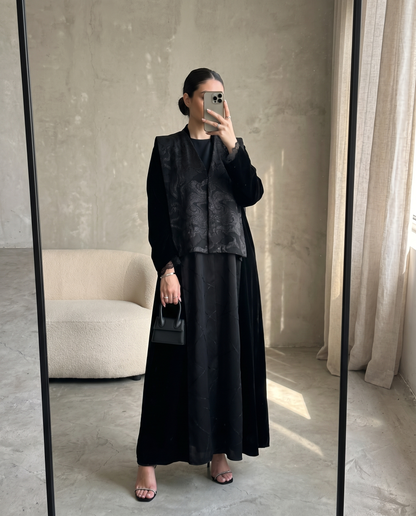 Black Velvet & Brocade Layered Abaya with Textured Patterned Vest Overlay