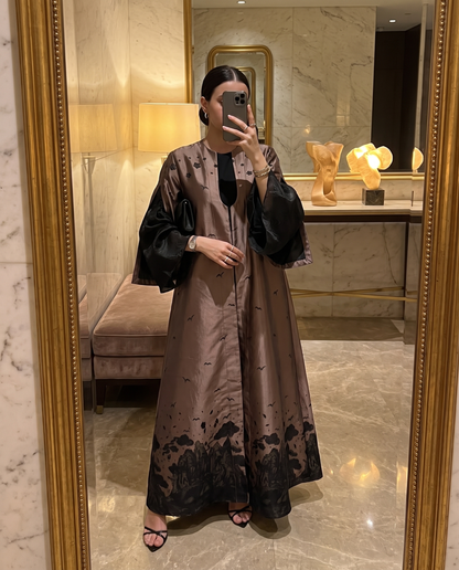 Elegant Bronze Abaya with Black Landscape Detailing