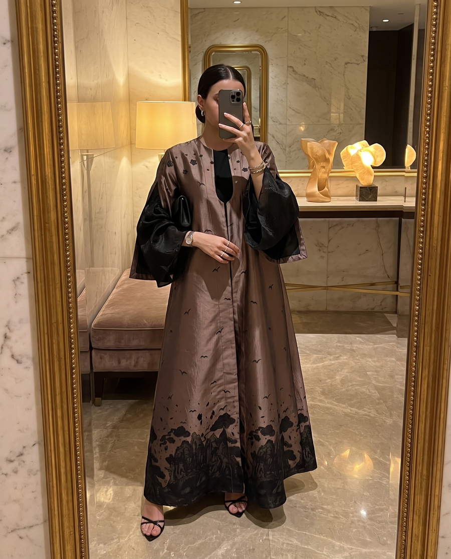 Elegant Bronze Abaya with Black Landscape Detailing