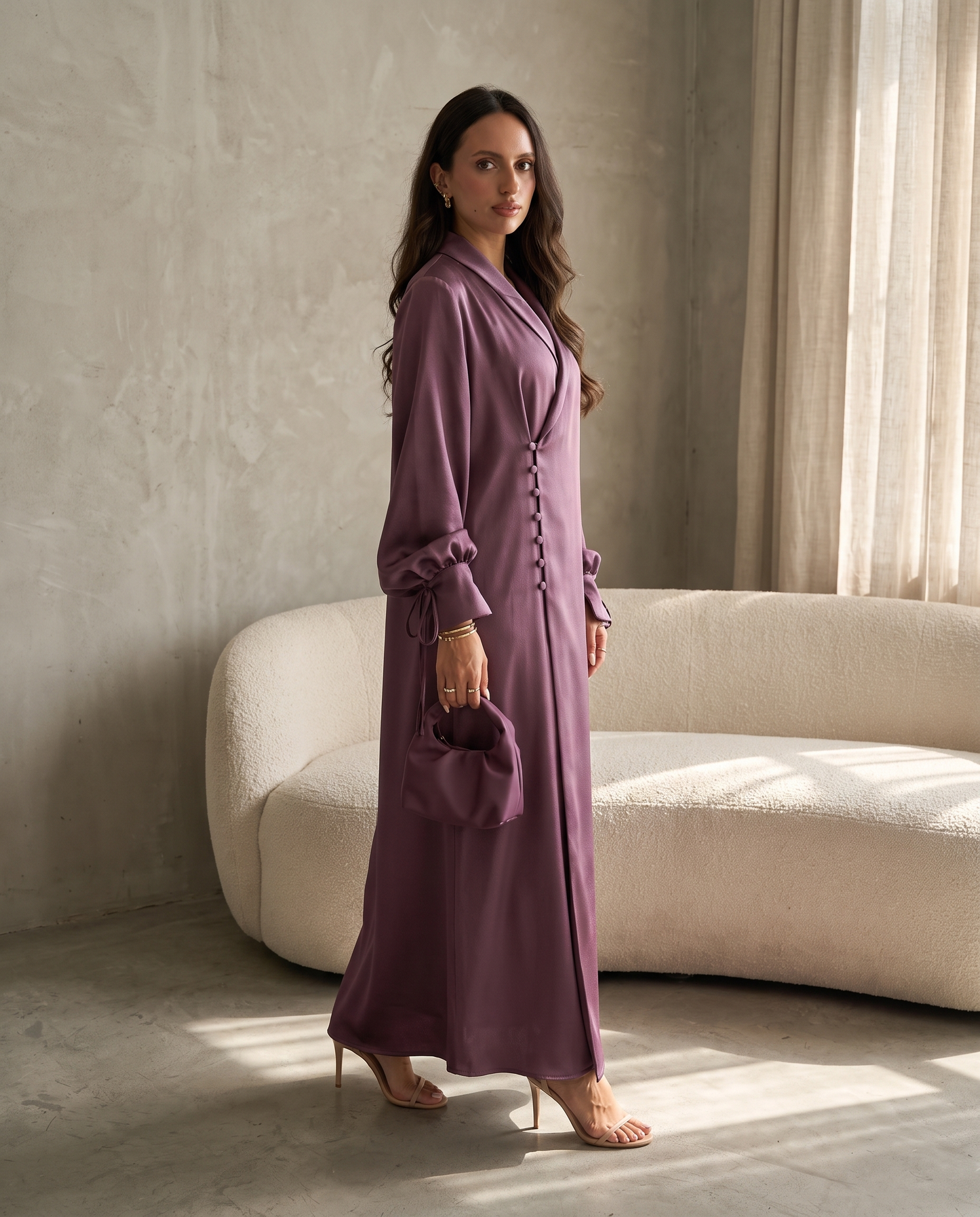 Premium Satin Wrap Purple Abaya with Side Buttons