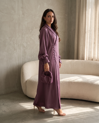 Premium Satin Wrap Purple Abaya with Side Buttons