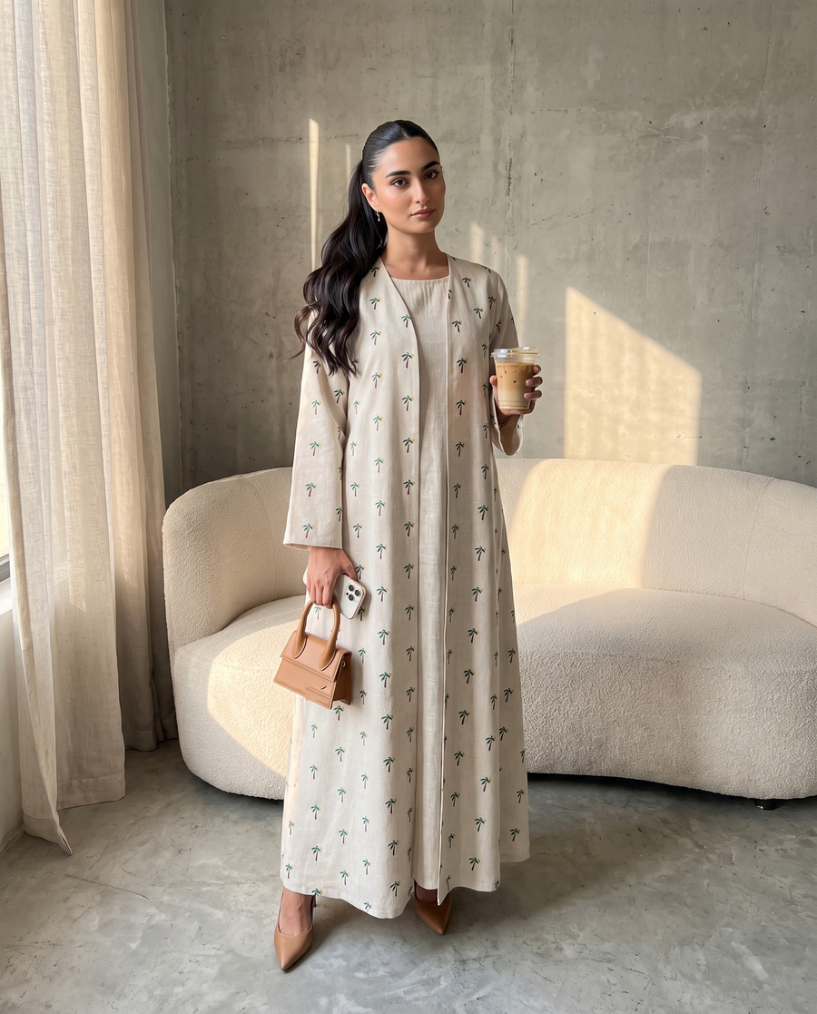 Palm Detail Linen Abaya