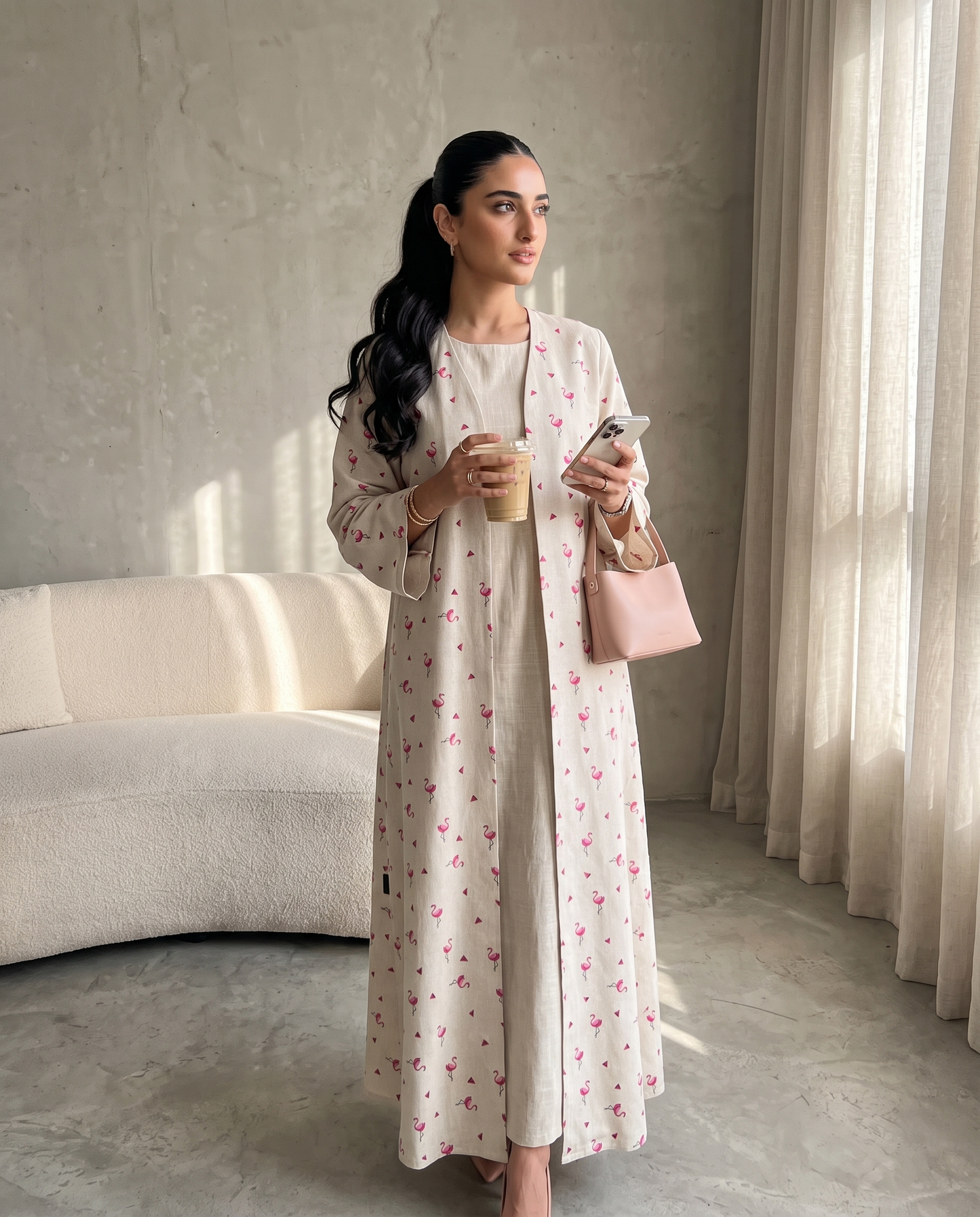Flamingo Print Linen Style Abaya
