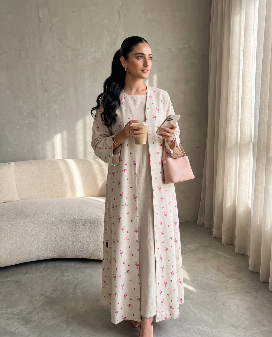 Flamingo Print Linen Style Abaya